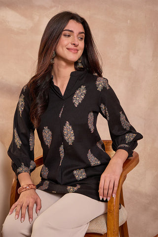 Black Cotton Regular Style Floral Print Kurta
