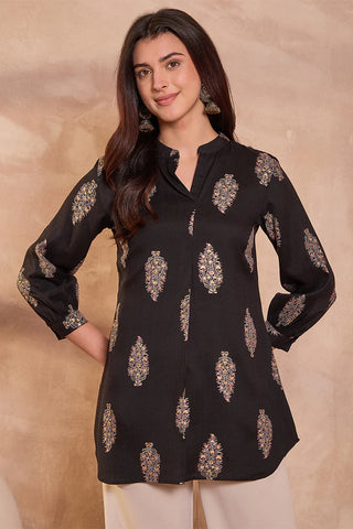 Black Cotton Regular Style Floral Print Kurta