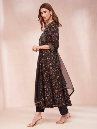 Black Voile Floral Print Anarkali Shape A Line Suit Set with Dupatta