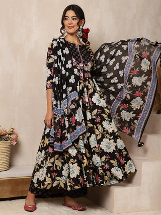 Black Pure Cotton Floral Print Suit Set with Dupatta