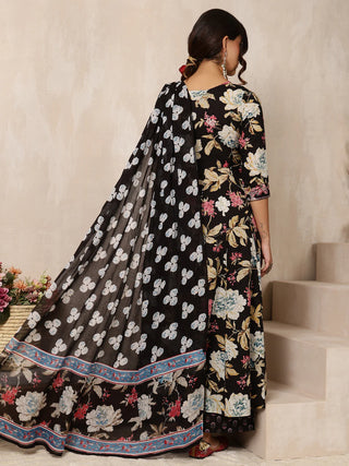 Black Pure Cotton Floral Print Suit Set with Dupatta