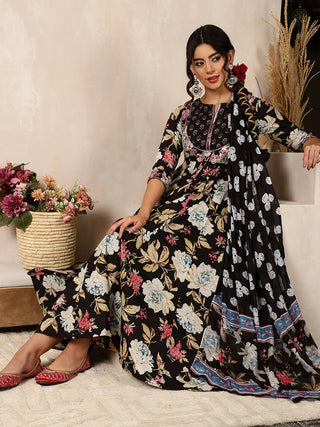 Black Pure Cotton Floral Print Suit Set with Dupatta