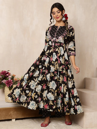 Black Pure Cotton Floral Print Suit Set with Dupatta