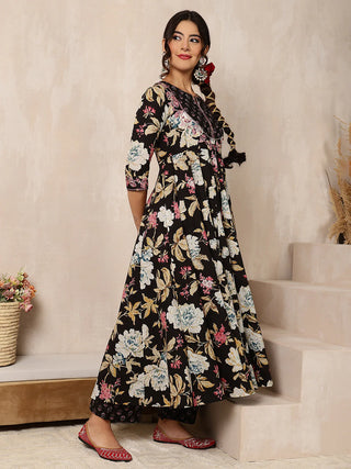 Black Pure Cotton Floral Print Suit Set with Dupatta