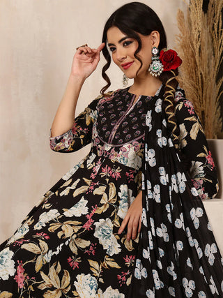 Black Pure Cotton Floral Print Suit Set with Dupatta