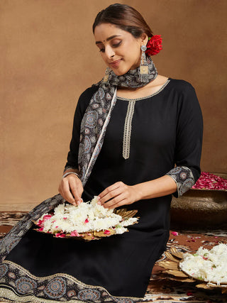 Black Rayon Ajarak Print Suit Set with Cotton Dupatta