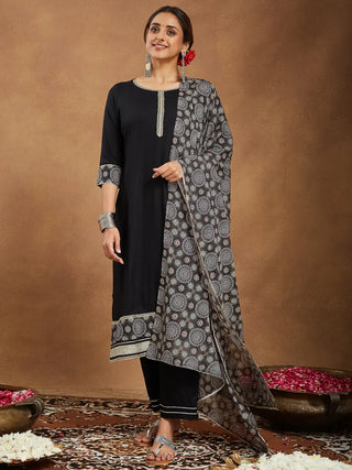 Black Rayon Ajarak Print Suit Set with Cotton Dupatta