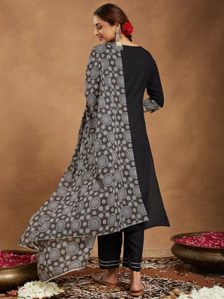 Black Rayon Ajarak Print Suit Set with Cotton Dupatta