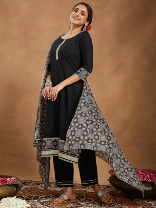 Black Rayon Ajarak Print Suit Set with Cotton Dupatta