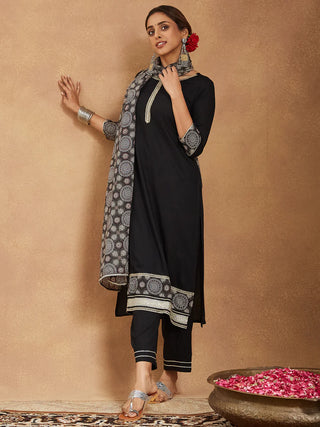 Black Rayon Ajarak Print Suit Set with Cotton Dupatta