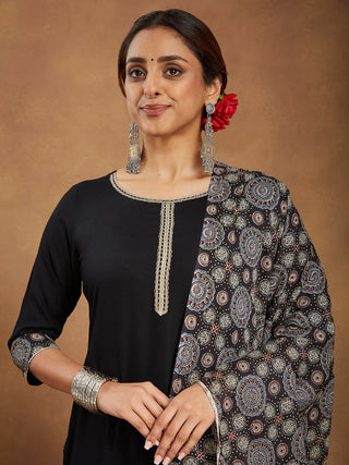 Black Rayon Ajarak Print Suit Set with Cotton Dupatta