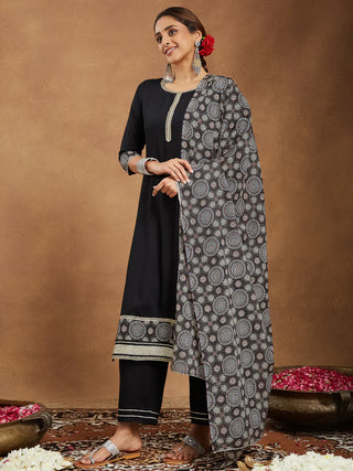 Black Rayon Ajarak Print Suit Set with Cotton Dupatta