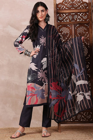 Black Rayon Blend Floral Printed Straight Shape Suit Set with Dupatta