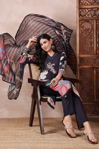 Black Rayon Blend Floral Printed Straight Shape Suit Set with Dupatta