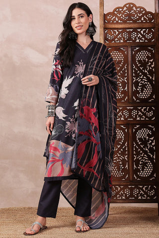 Black Rayon Blend Floral Printed Straight Shape Suit Set with Dupatta