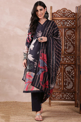 Black Rayon Blend Floral Printed Straight Shape Suit Set with Dupatta