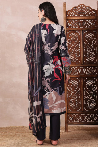 Black Rayon Blend Floral Printed Straight Shape Suit Set with Dupatta