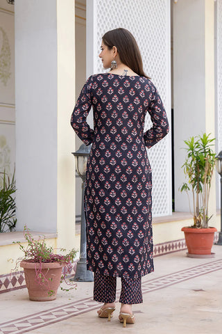 Black Rayon Blend Floral Print A Line Shape Kurta with Cotton Blend Bottom & Dupatta