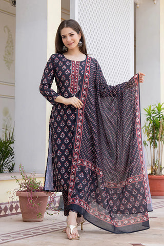 Black Rayon Blend Floral Print A Line Shape Kurta with Cotton Blend Bottom & Dupatta