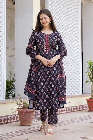 Black Rayon Blend Floral Print A Line Shape Kurta with Cotton Blend Bottom & Dupatta