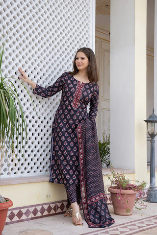 Black Rayon Blend Floral Print A Line Shape Kurta with Cotton Blend Bottom & Dupatta