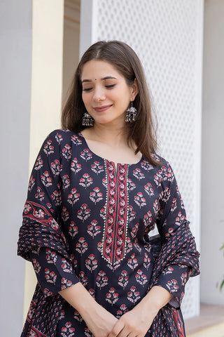 Black Rayon Blend Floral Print A Line Shape Kurta with Cotton Blend Bottom & Dupatta