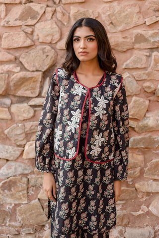 Black Kurta Set With Embroidered Quilted Jacket