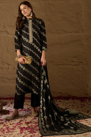Black Silk Blend Foil Print & Embroidered Straight Shape Suit Set with Dupatta