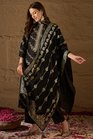 Black Silk Blend Foil Print & Embroidered Straight Shape Suit Set with Dupatta