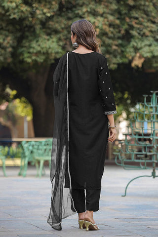 Black Silk Blend Embroidered Straight Shape Suit Set with Dupatta