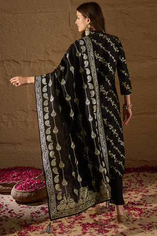 Black Silk Blend Foil Print & Embroidered Straight Shape Suit Set with Dupatta