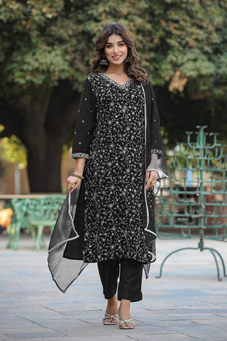 Black Silk Blend Embroidered Straight Shape Suit Set with Dupatta