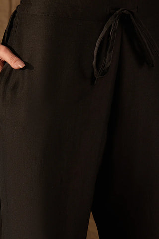 Black Silk Blend Foil Print & Embroidered Straight Shape Suit Set with Dupatta