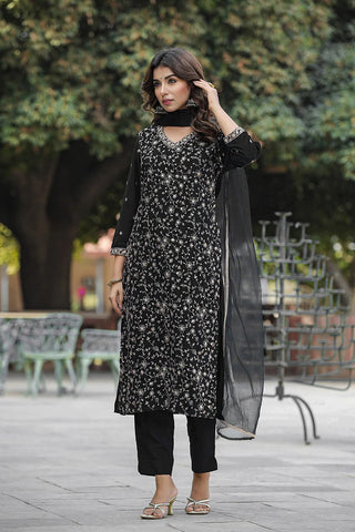 Black Silk Blend Embroidered Straight Shape Suit Set with Dupatta