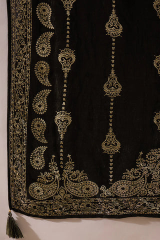 Black Silk Blend Foil Print & Embroidered Straight Shape Suit Set with Dupatta