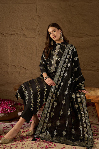 Black Silk Blend Foil Print & Embroidered Straight Shape Suit Set with Dupatta