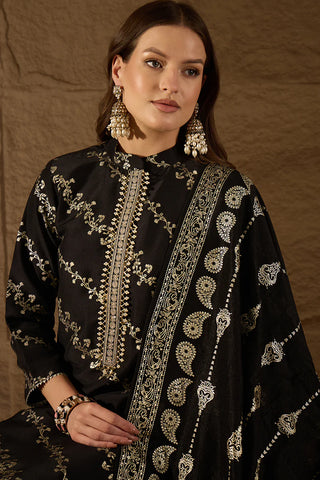 Black Silk Blend Foil Print & Embroidered Straight Shape Suit Set with Dupatta
