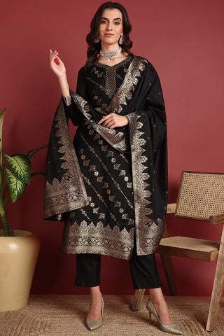 Black Silk Blend Ethnic Motif Designed Suit Set with Dupatta