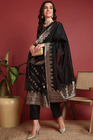 Black Silk Blend Ethnic Motif Designed Suit Set with Dupatta