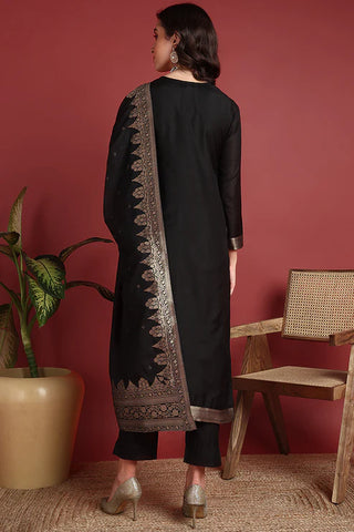 Black Silk Blend Ethnic Motif Designed Suit Set with Dupatta