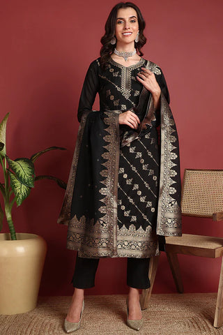 Black Silk Blend Ethnic Motif Designed Suit Set with Dupatta