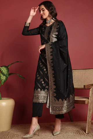 Black Silk Blend Ethnic Motif Designed Suit Set with Dupatta