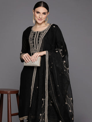 Black Silk Blend Embroidered Straight Shape Suit Set with Organza Dupatta