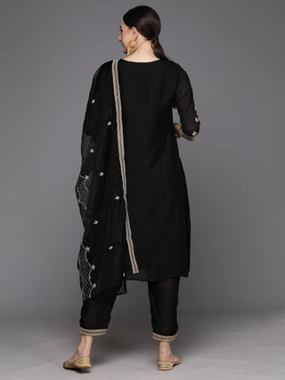 Black Silk Blend Embroidered Straight Shape Suit Set with Organza Dupatta