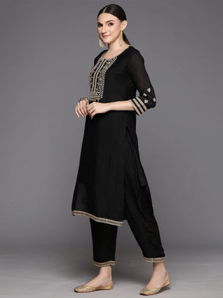 Black Silk Blend Embroidered Straight Shape Suit Set with Organza Dupatta