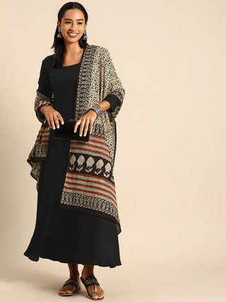 Solid Black Rayon & Cotton Kurta with Dupatta