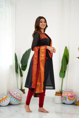 Black Jari Weaving Straight Shape Suit Set with Dupatta