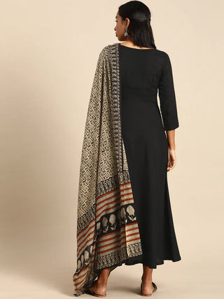 Solid Black Rayon & Cotton Kurta with Dupatta