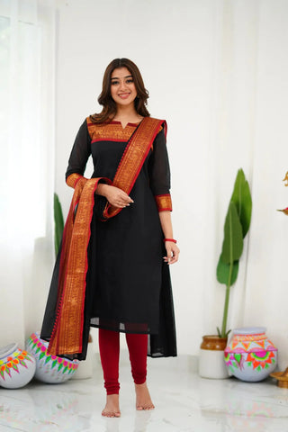 Black Jari Weaving Straight Shape Suit Set with Dupatta