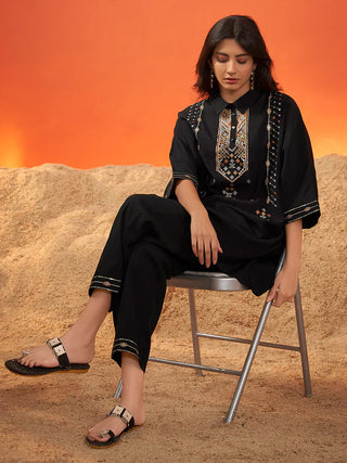 Black Viscose Embroidered Kaftan Kurta Trouser Set